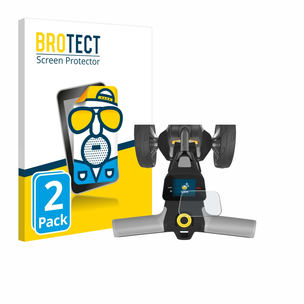 Front side of a product packaging with the brand logo BROTECT. Next to it is the device PowaKaddy CT6 GPS shown with the corre