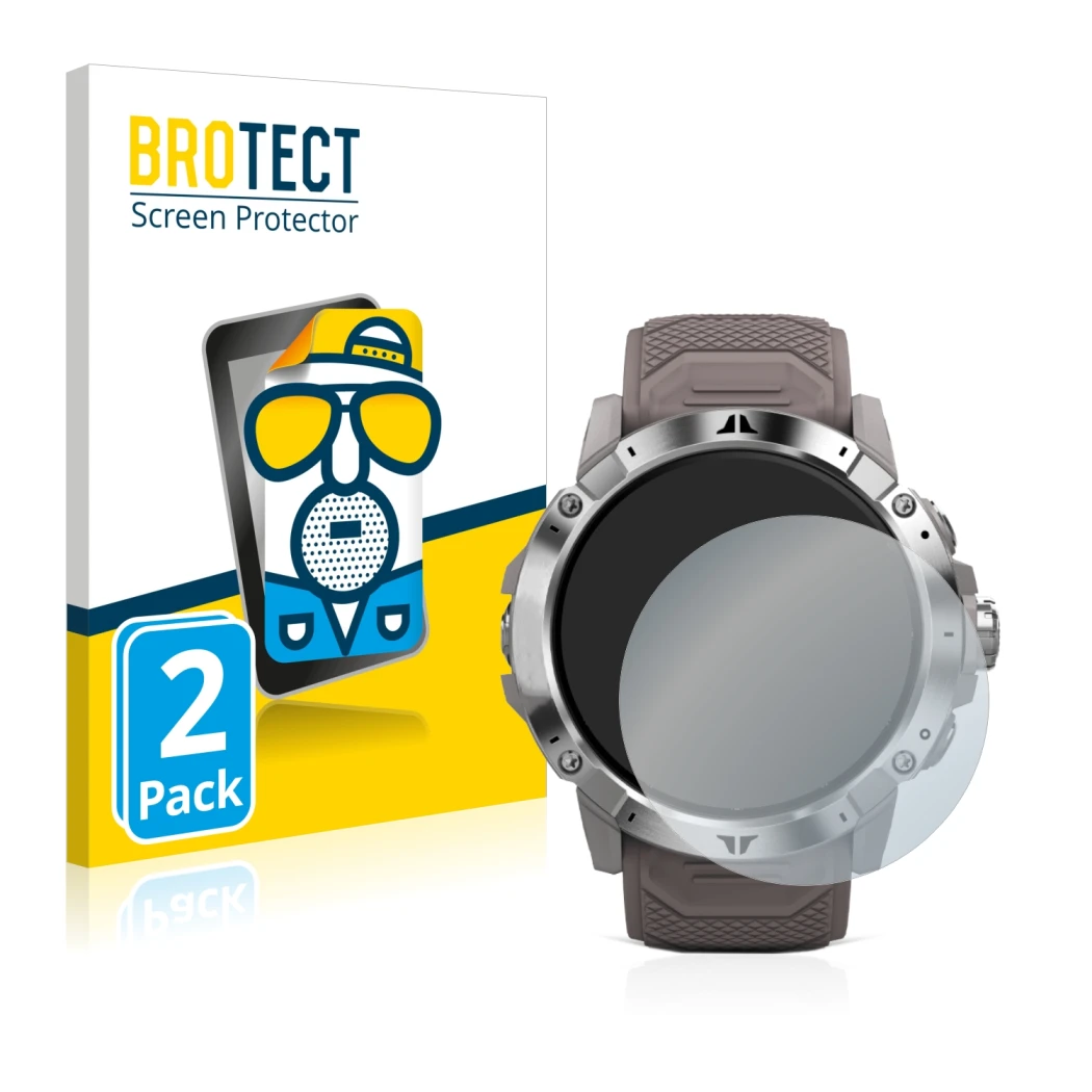 Front side of a product packaging with the brand logo BROTECT. Next to it is the device Coros Vertix 2 shown with the correspo