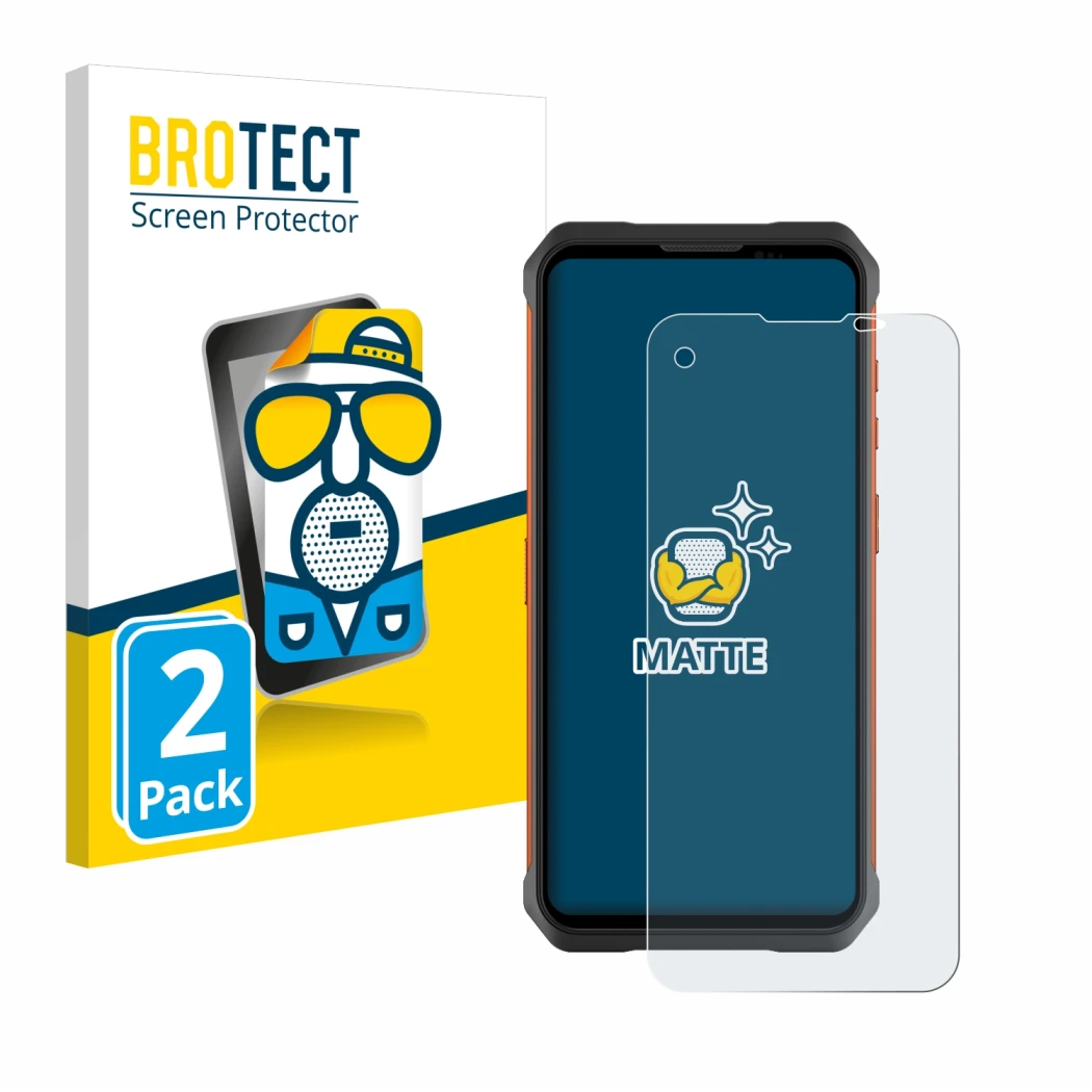 Front side of a product packaging with the brand logo BROTECT. Next to it is the device Doogee V10 shown with the correspondin
