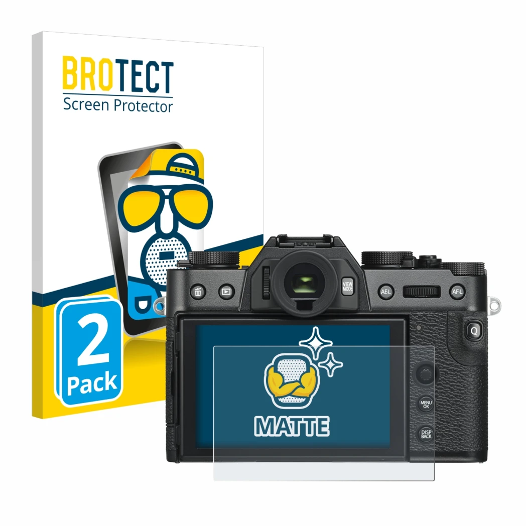 Front side of a product packaging with the brand logo BROTECT. Next to it is the device Fujifilm X-T30 ll shown with the corre