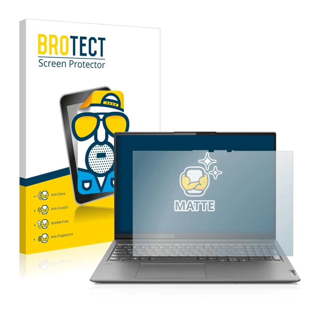 Front side of a product packaging with the brand logo BROTECT. Next to it is the device Lenovo Yoga Slim 7 Pro 16