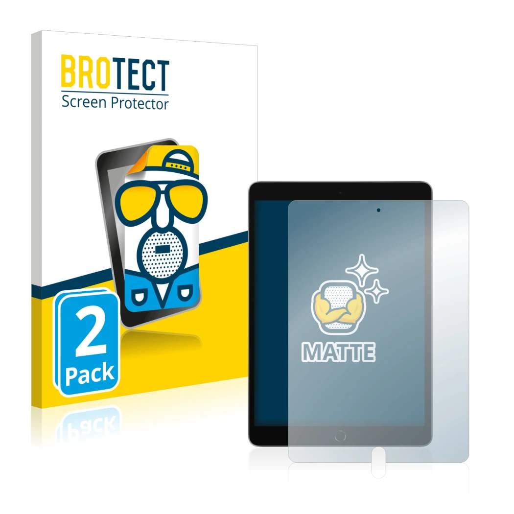 Front side of a product packaging with the brand logo BROTECT. Next to it is the device Apple iPad 10.2