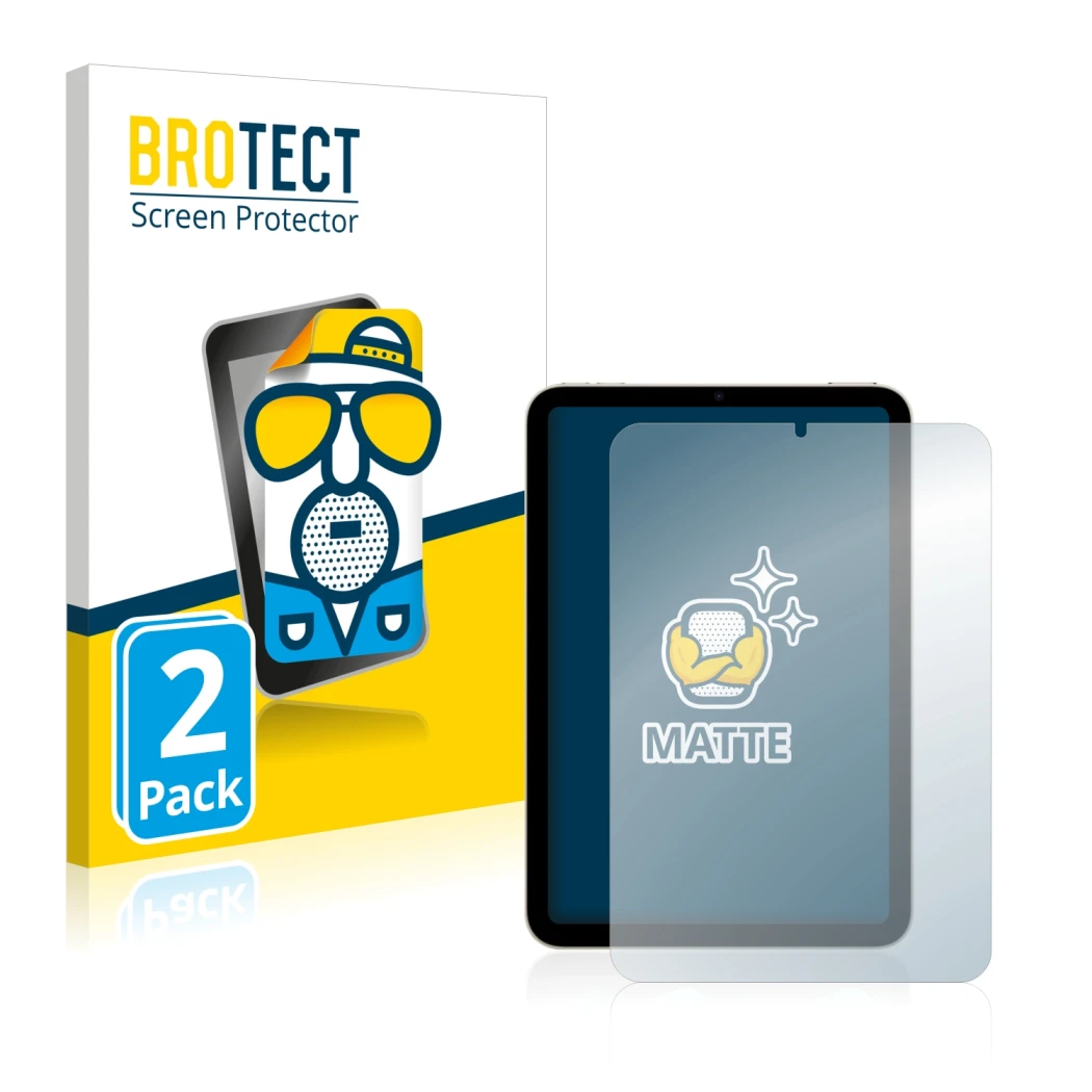 Front side of a product packaging with the brand logo BROTECT. Next to it is the device Apple iPad Mini 6 2021 shown with the 