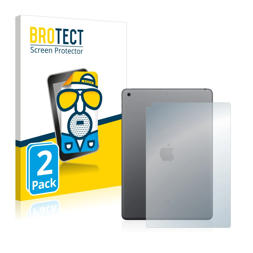 Front side of a product packaging with the brand logo BROTECT. Next to it is the device Apple iPad 10.2