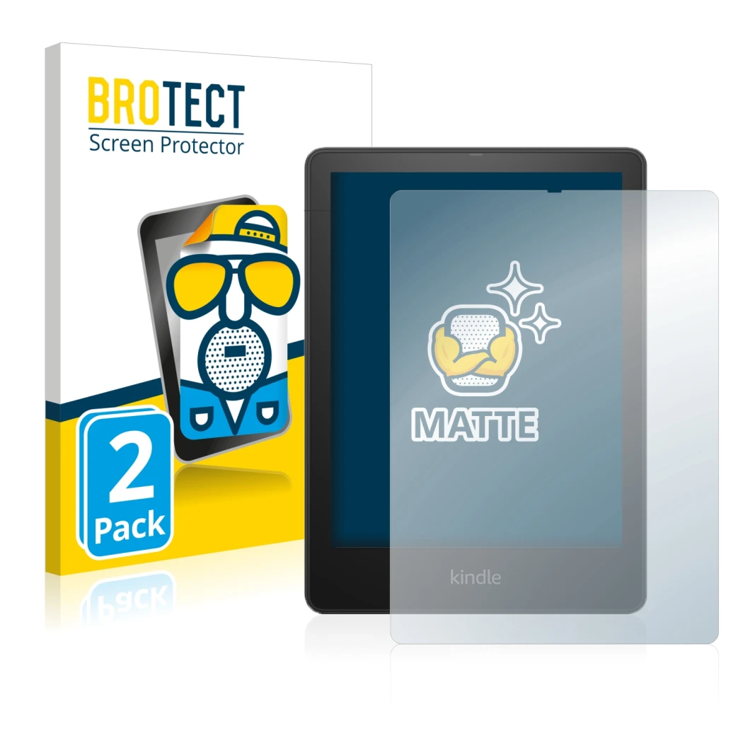 Front side of a product packaging with the brand logo BROTECT. Next to it is the device Amazon Kindle Paperwhite 2021 Signatur