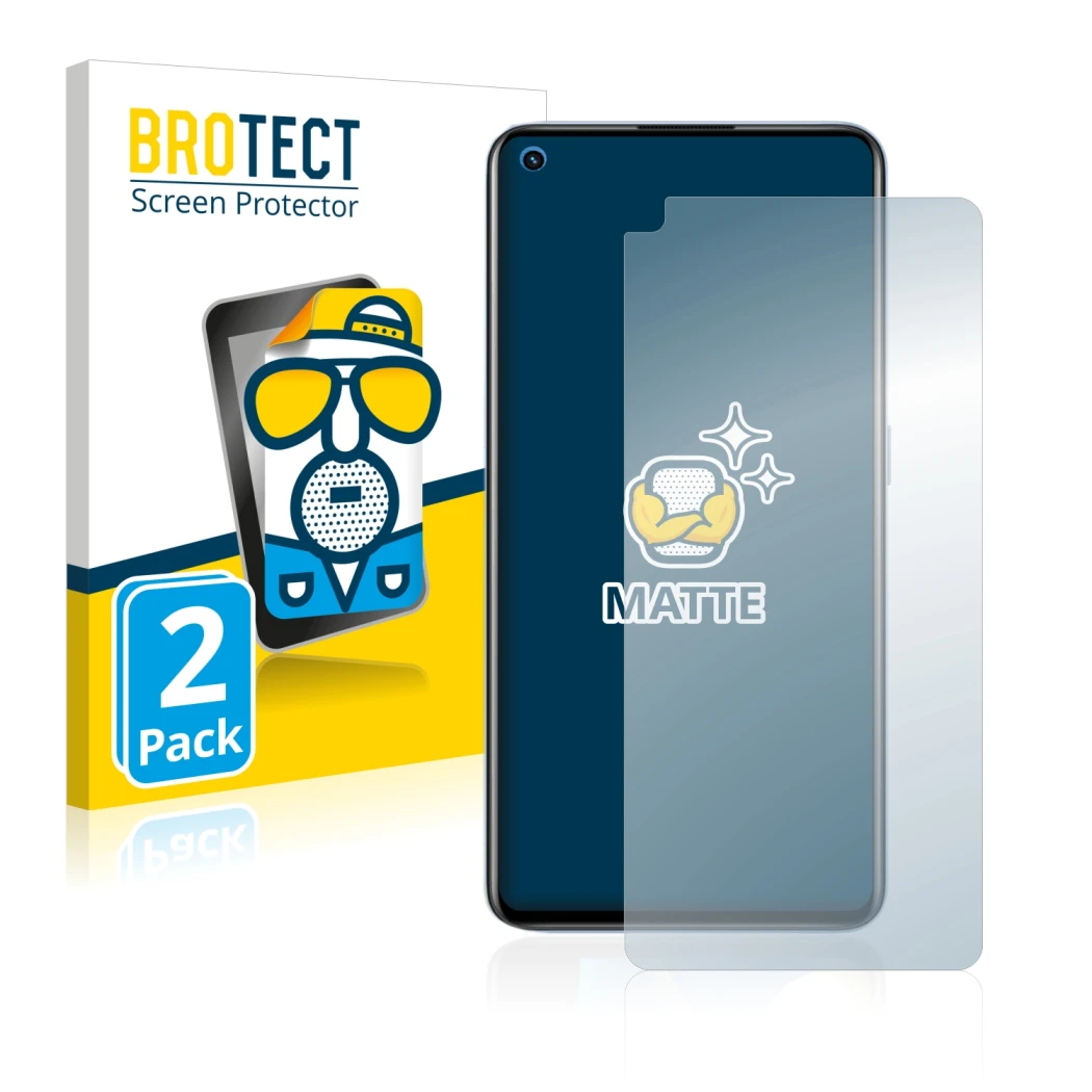 Front side of a product packaging with the brand logo BROTECT. Next to it is the device realme GT Neo 2 shown with the corresp