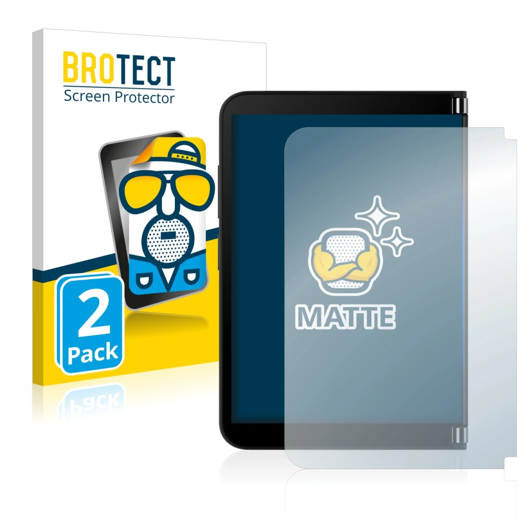 Front side of a product packaging with the brand logo BROTECT. Next to it is the device Microsoft Surface Duo 2 (Outer display