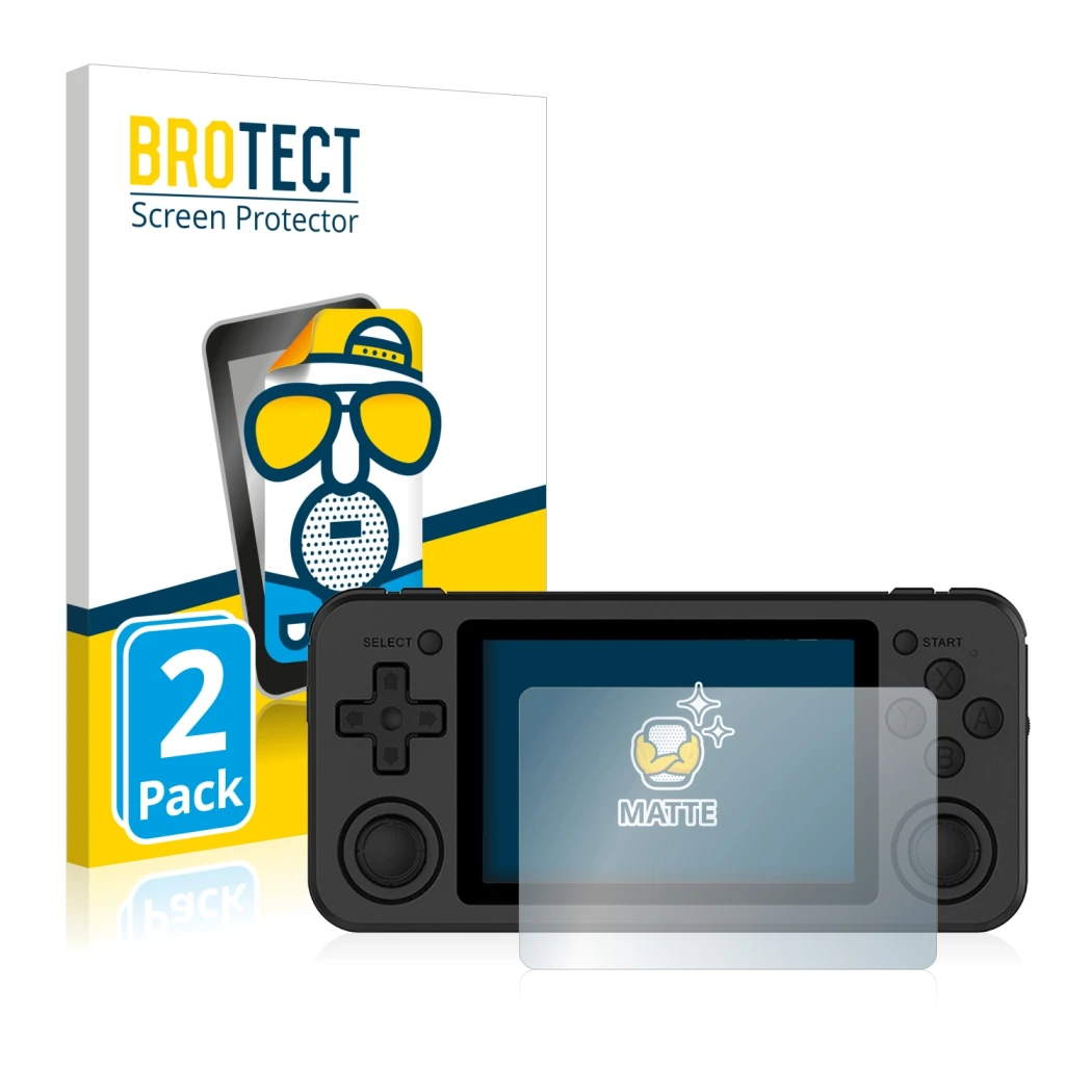 Front side of a product packaging with the brand logo BROTECT. Next to it is the device Anbernic RG351P shown with the corresp