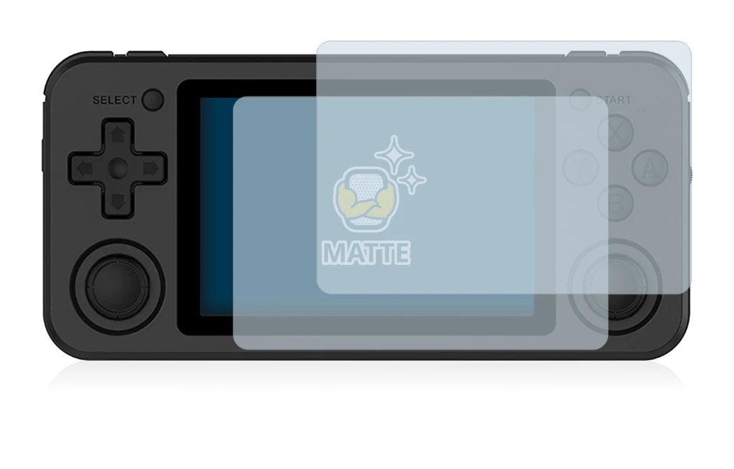 Image of the device Anbernic RG351P with a wide variety of screen protectors.
