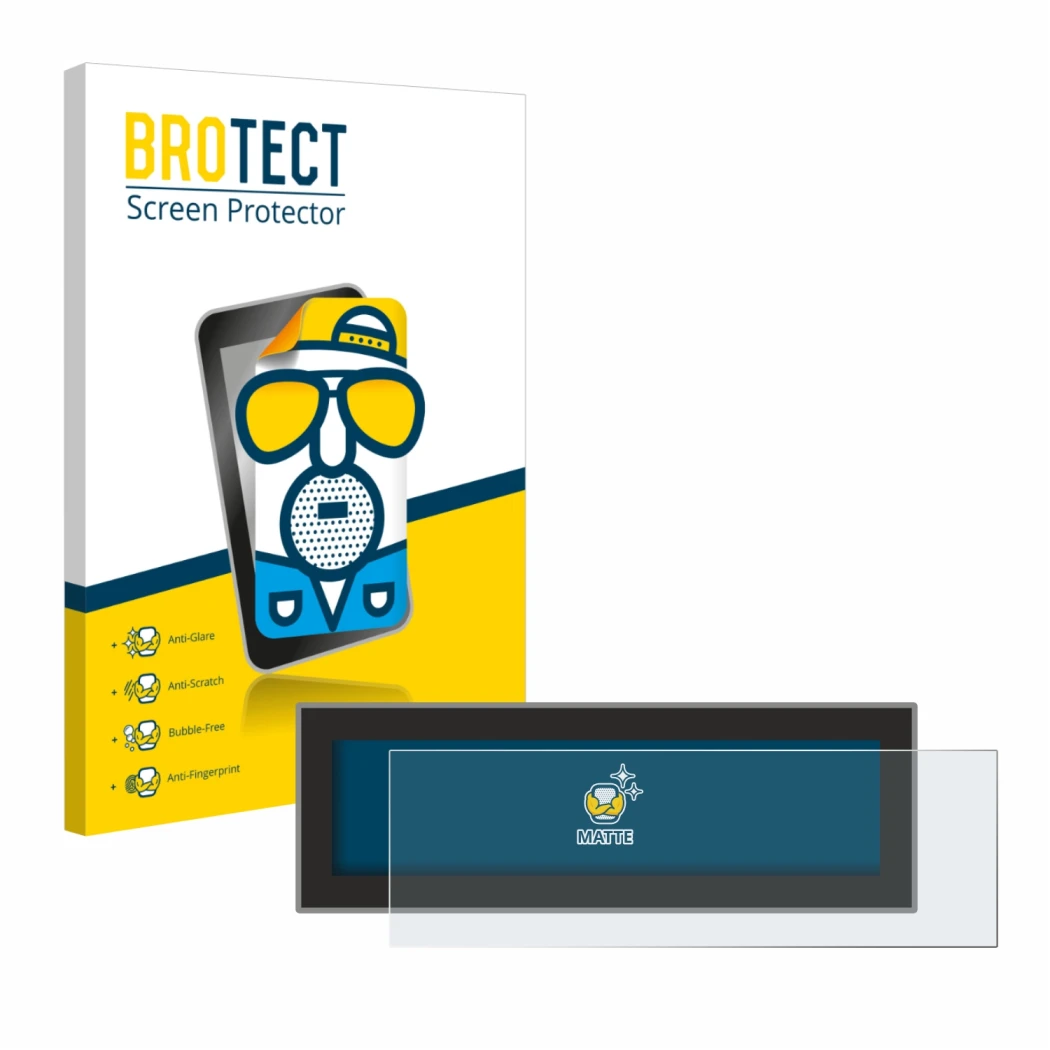 Front side of a product packaging with the brand logo BROTECT. Next to it is the device Porsche Taycan 2021 PCM 6.0 shown with