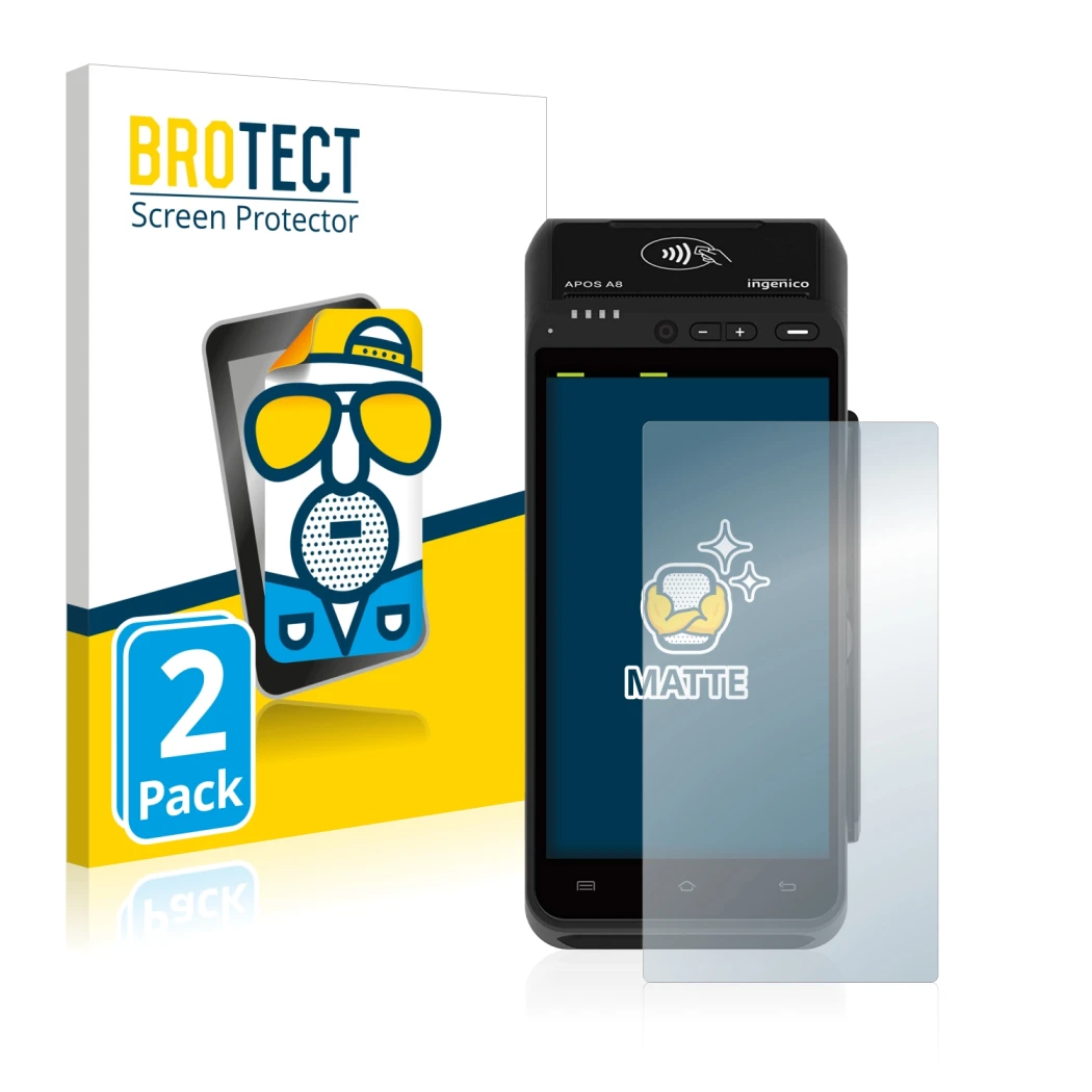 Front side of a product packaging with the brand logo BROTECT. Next to it is the device ingenico Apos A8 shown with the corres