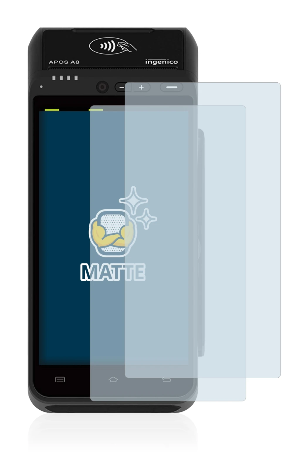 Image of the device ingenico Apos A8 with a wide variety of screen protectors.
