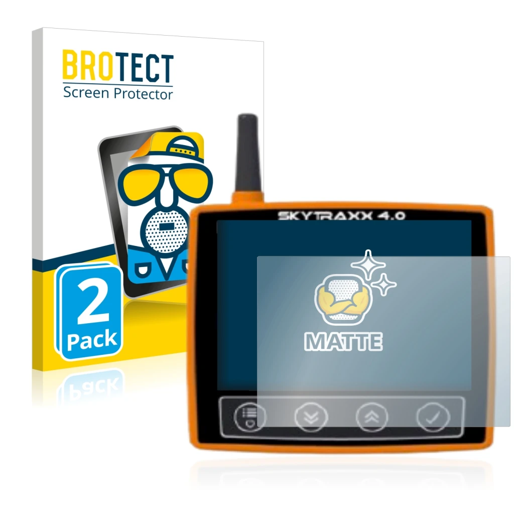 Front side of a product packaging with the brand logo BROTECT. Next to it is the device Skytraxx 4.0 shown with the correspond