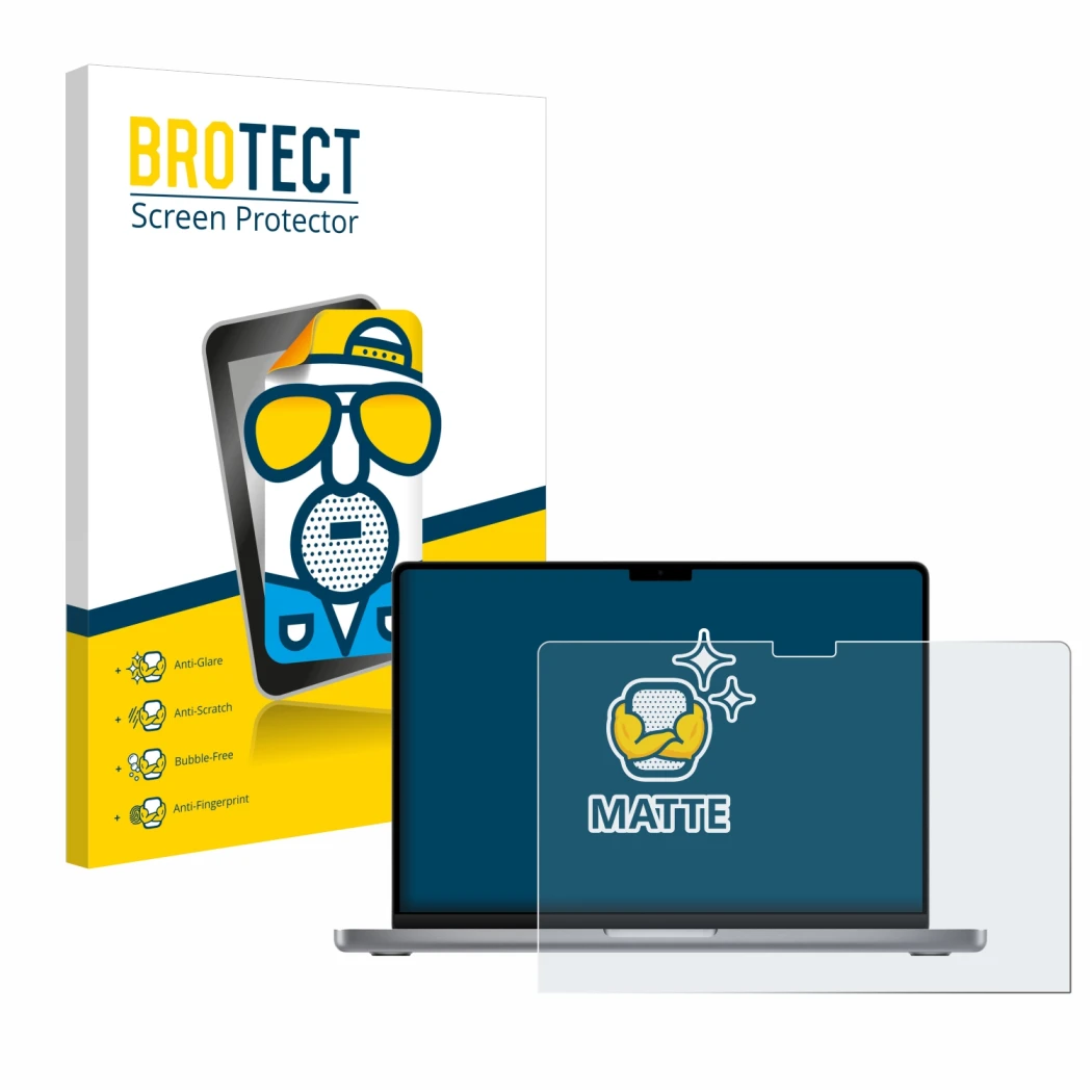 Front side of a product packaging with the brand logo BROTECT. Next to it is the device Apple MacBook Pro 14