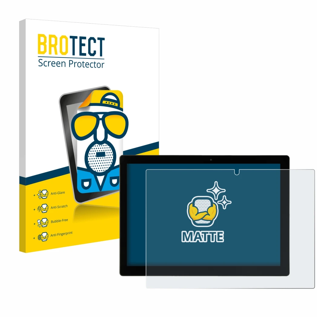 Front side of a product packaging with the brand logo BROTECT. Next to it is the device Hyrican Enwo Pad shown with the corres