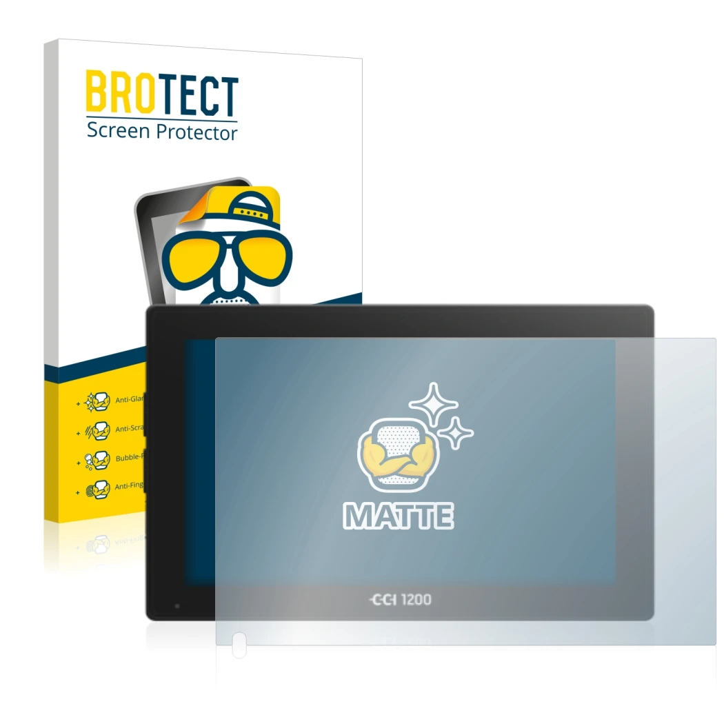 Front side of a product packaging with the brand logo BROTECT. Next to it is the device Isobus CCI 1200 shown with the corresp