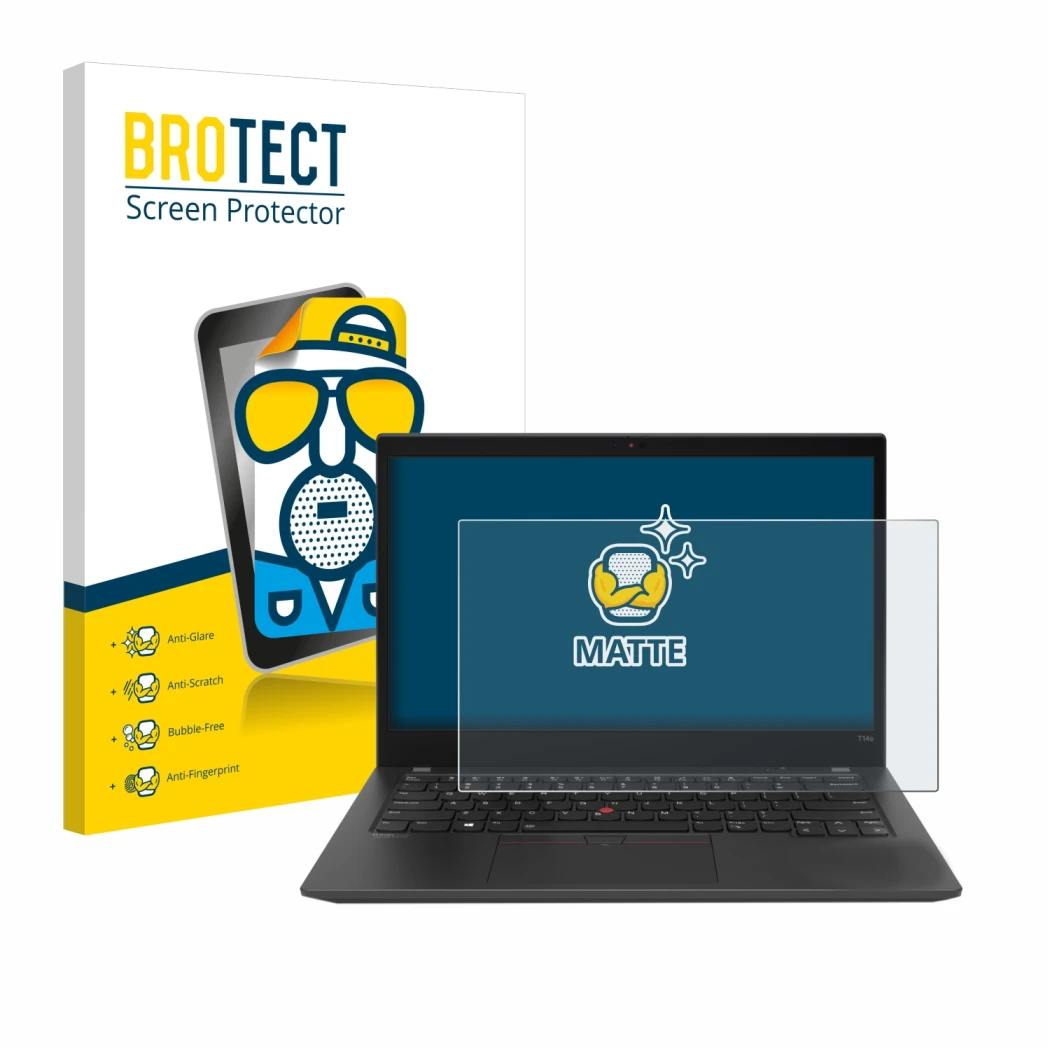 Front side of a product packaging with the brand logo BROTECT. Next to it is the device Lenovo ThinkPad T14s Gen 2 shown with