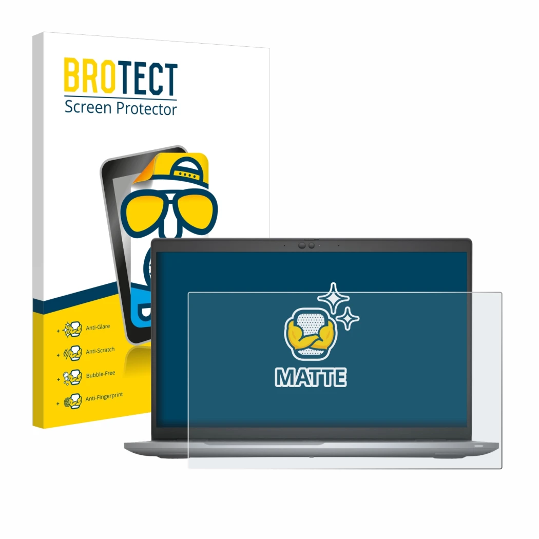 Front side of a product packaging with the brand logo BROTECT. Next to it is the device Dell Latitude 5520 shown with the corr