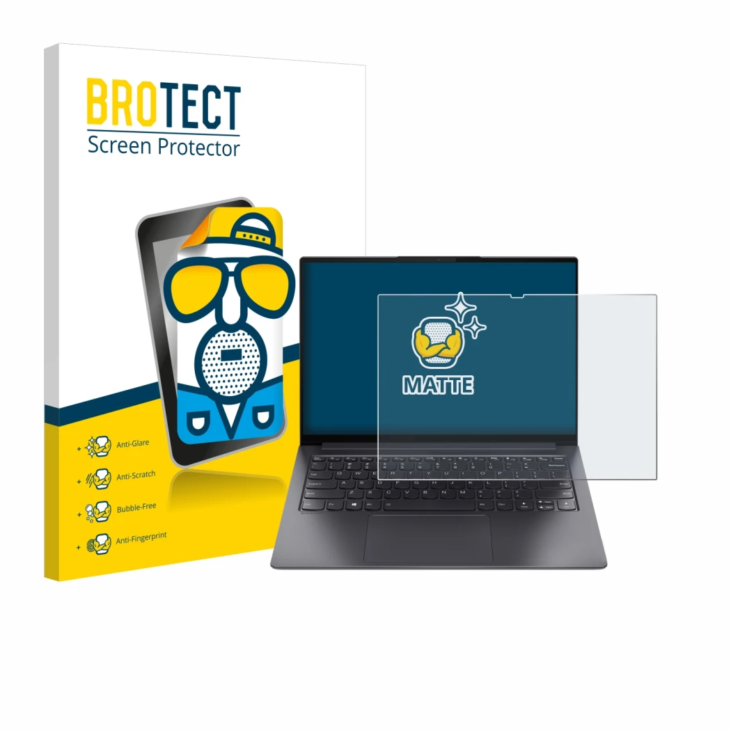 Front side of a product packaging with the brand logo BROTECT. Next to it is the device Lenovo Yoga Slim 7 Pro 14