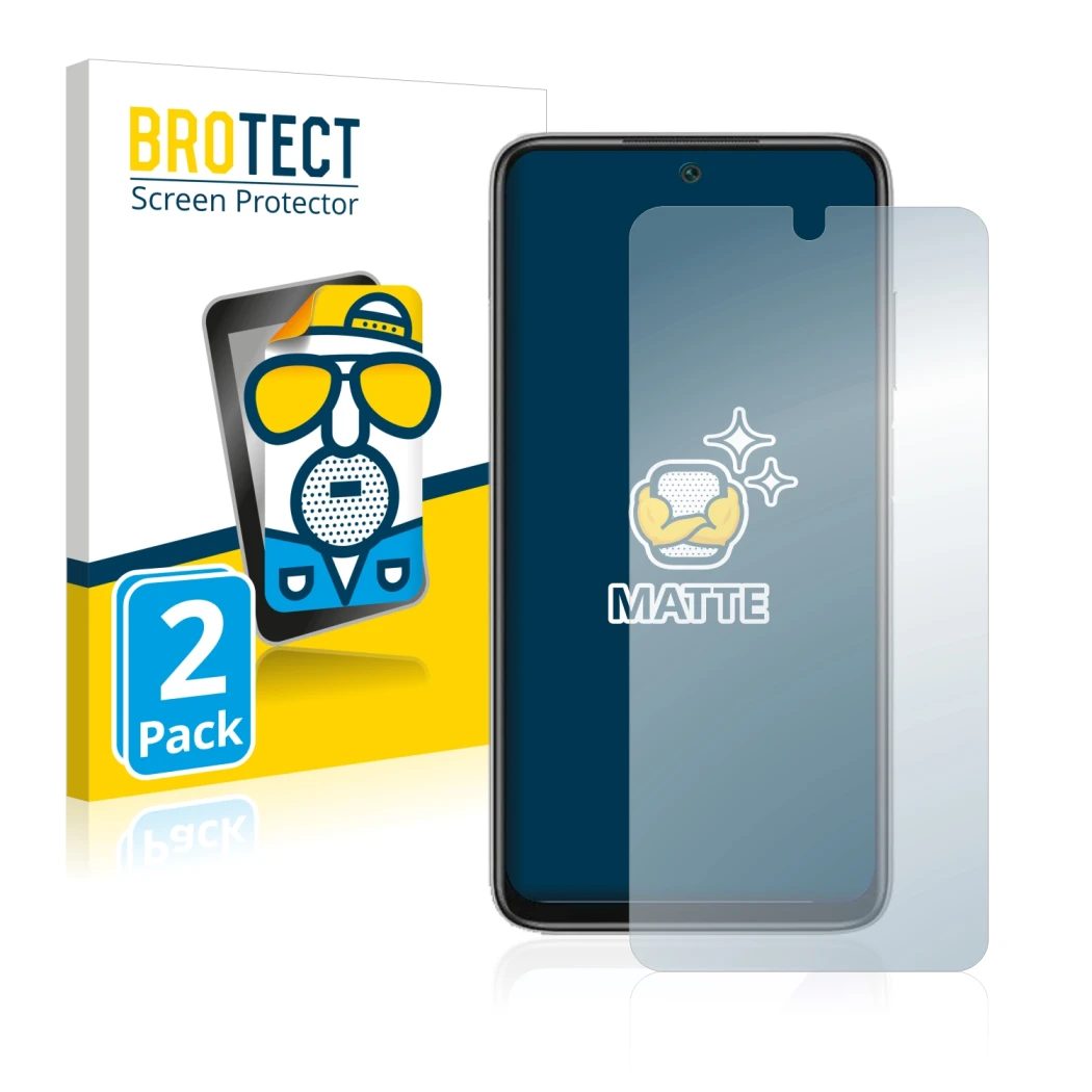 Front side of a product packaging with the brand logo BROTECT. Next to it is the device Xiaomi Redmi Note 11 4G shown with the