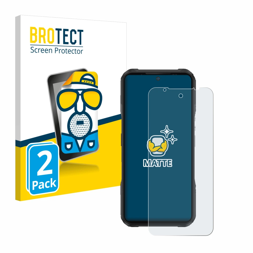 Front side of a product packaging with the brand logo BROTECT. Next to it is the device Doogee V20 shown with the correspondin