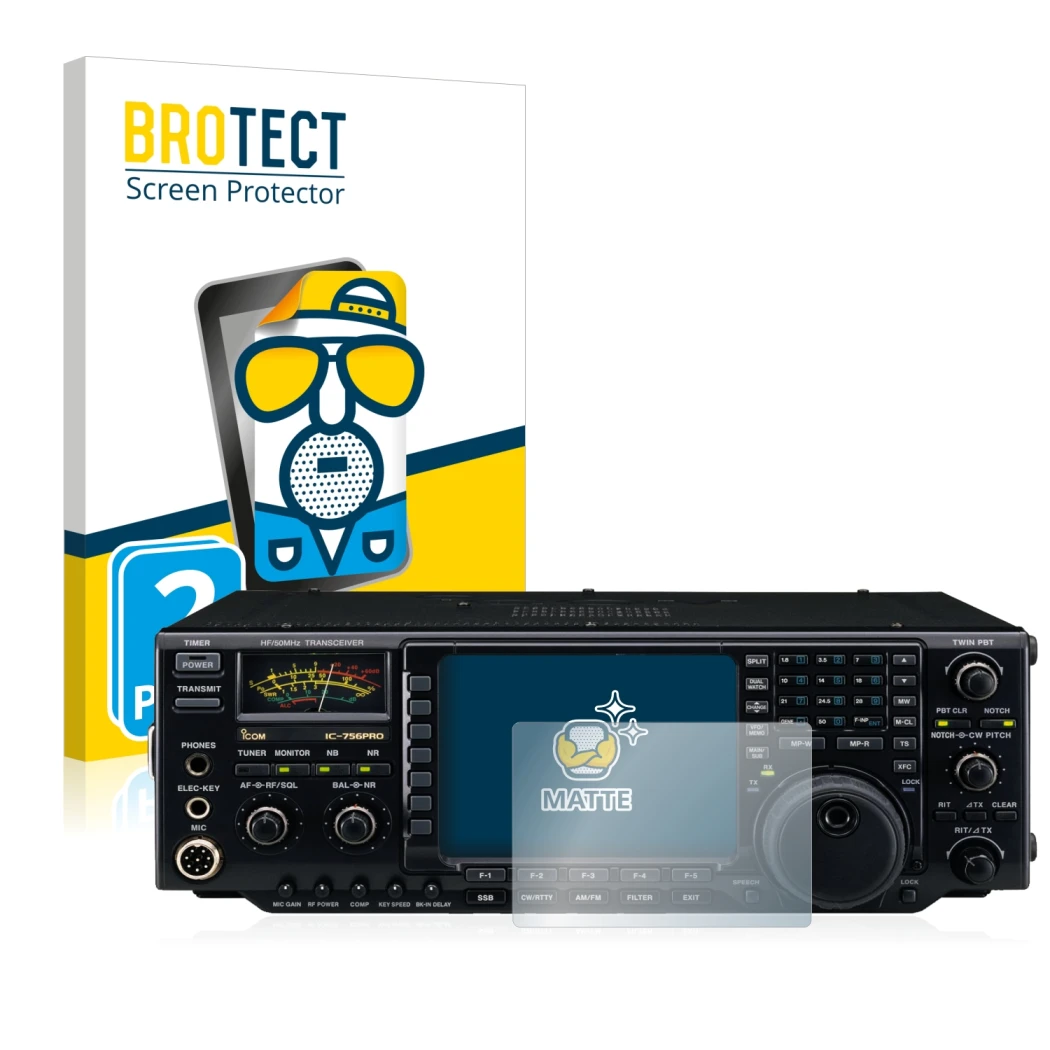 Front side of a product packaging with the brand logo BROTECT. Next to it is the device Icom IC-756 Pro III shown with the cor