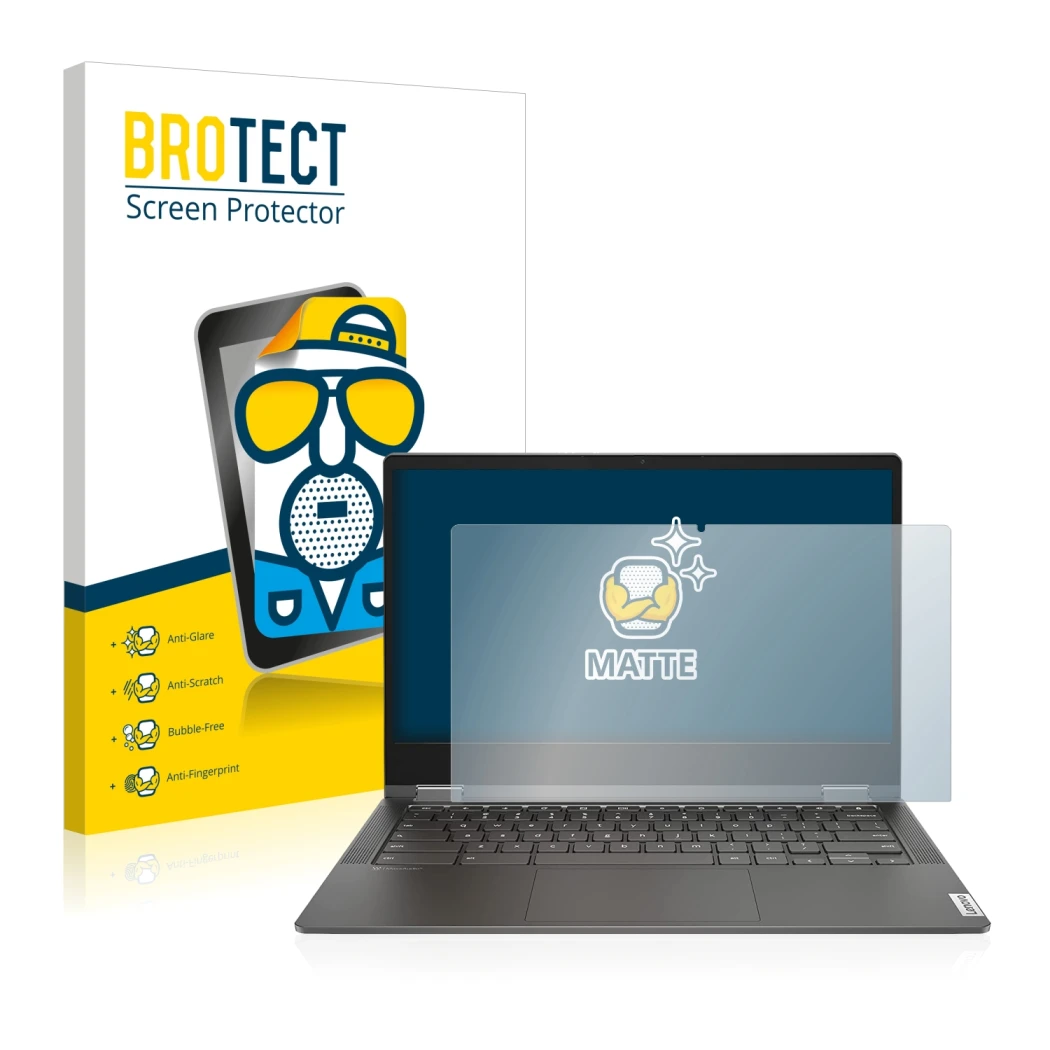 Front side of a product packaging with the brand logo BROTECT. Next to it is the device Lenovo IdeaPad Flex 5i 13.3