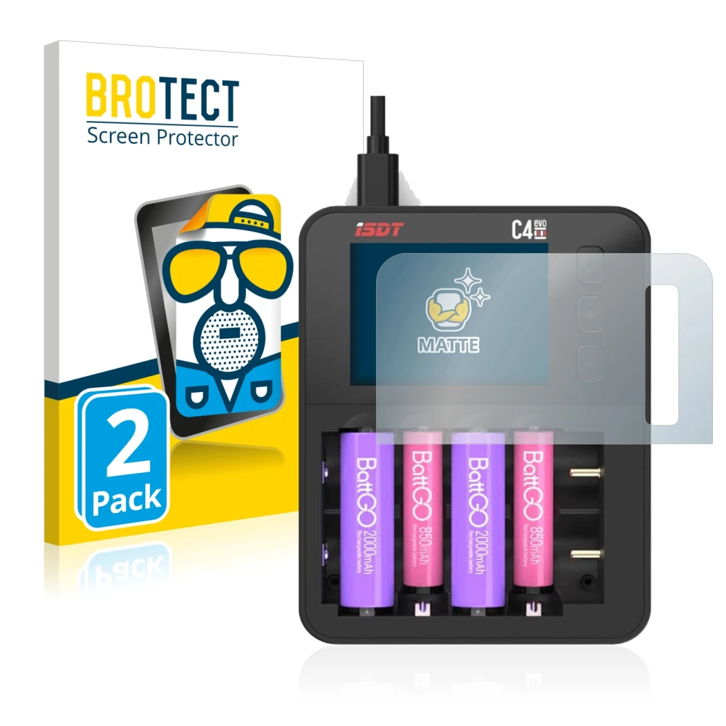 Front side of a product packaging with the brand logo BROTECT. Next to it is the device ISDT C4 Evo shown with the correspondi
