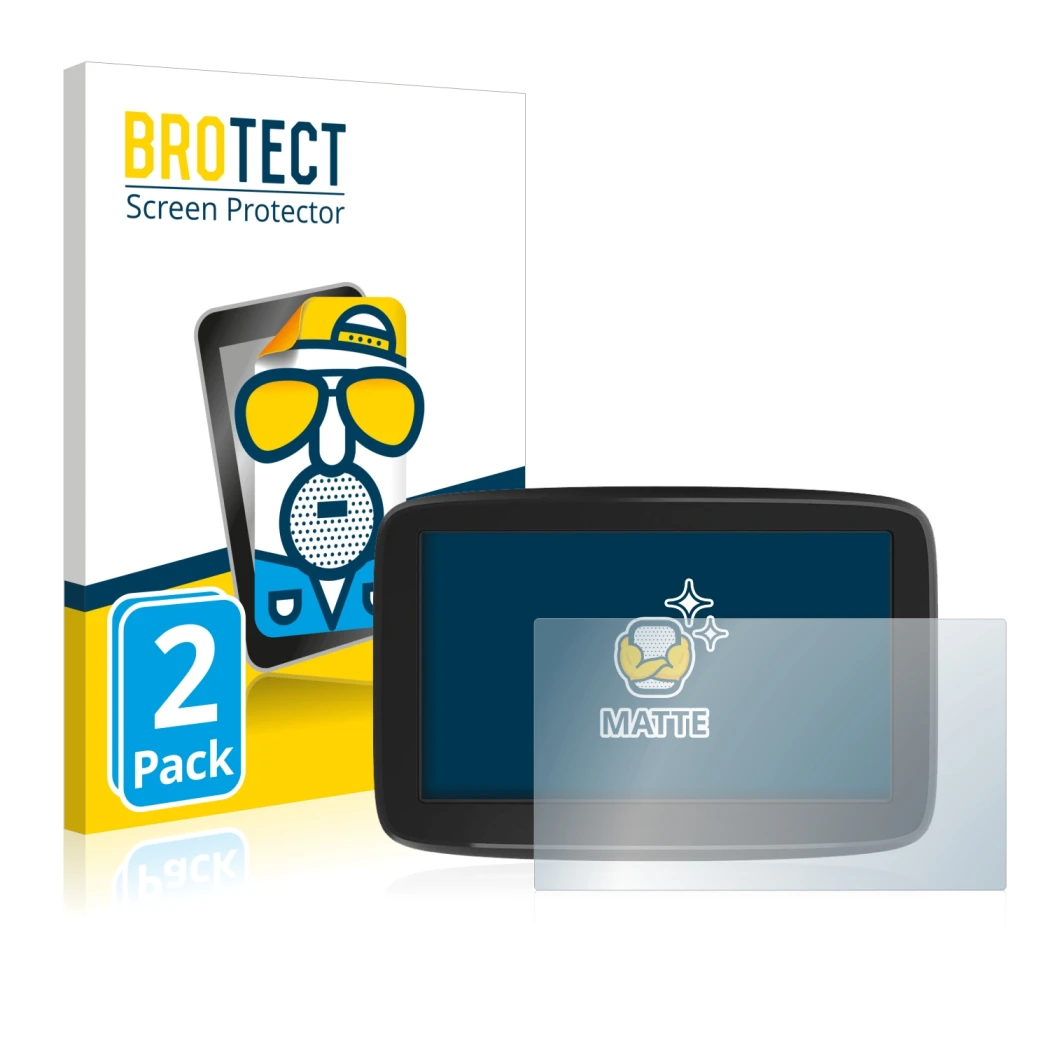 Front side of a product packaging with the brand logo BROTECT. Next to it is the device TomTom GO Classic 5
