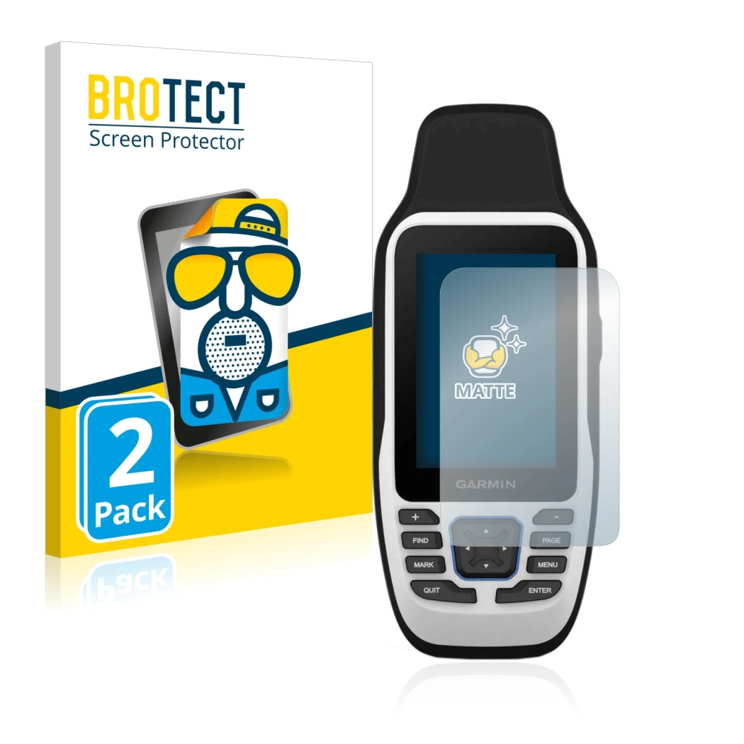 Front side of a product packaging with the brand logo BROTECT. Next to it is the device Garmin GPSMAP 79s shown with the corre
