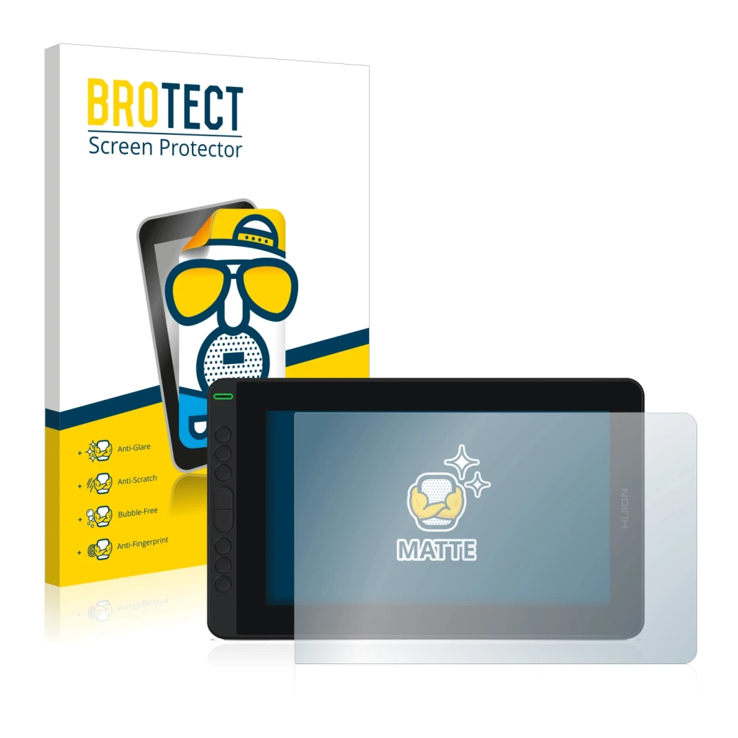 Front side of a product packaging with the brand logo BROTECT. Next to it is the device Huion Kamvas 12 shown with the corresp