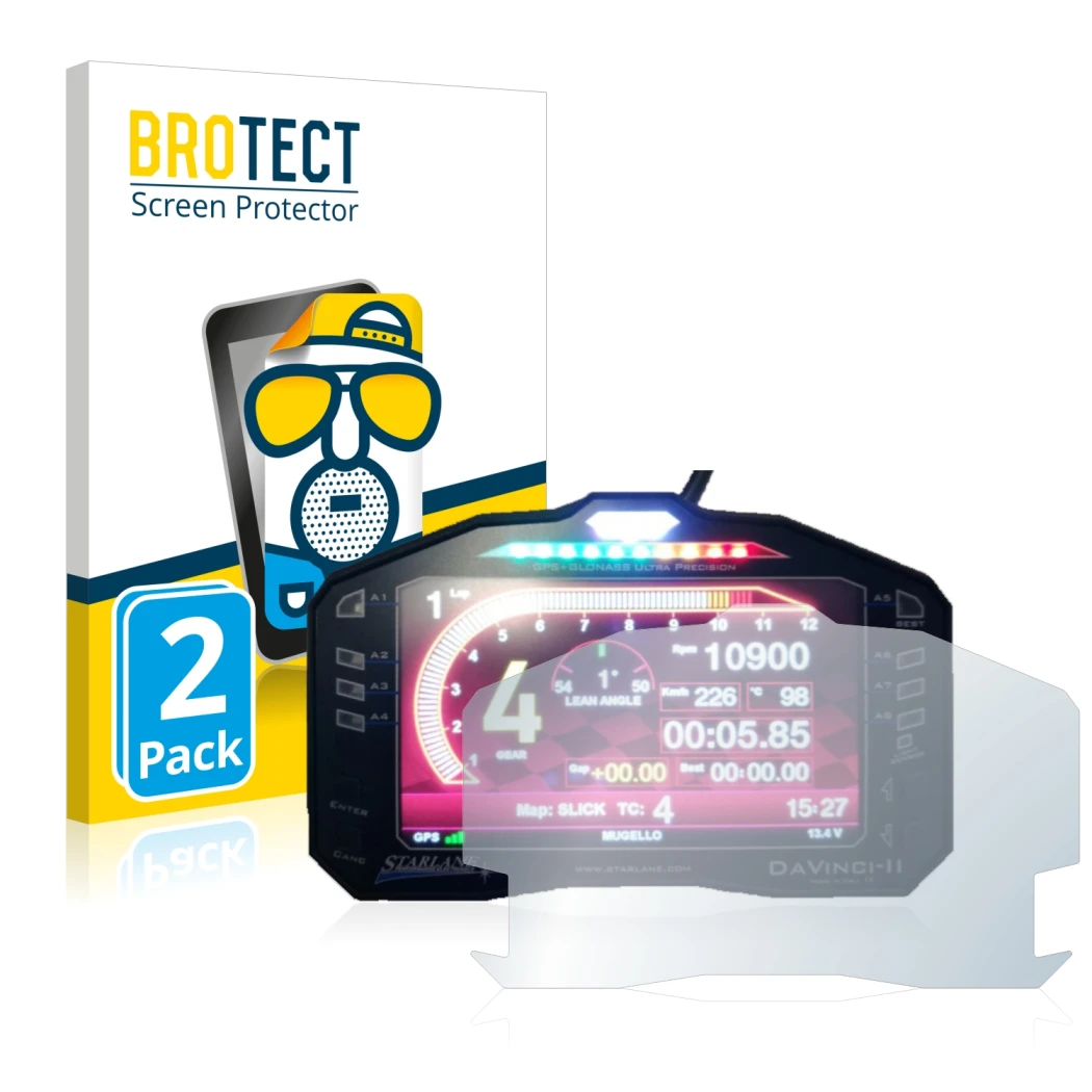 Front side of a product packaging with the brand logo BROTECT. Next to it is the device Starlane DaVinci-II S shown with the c