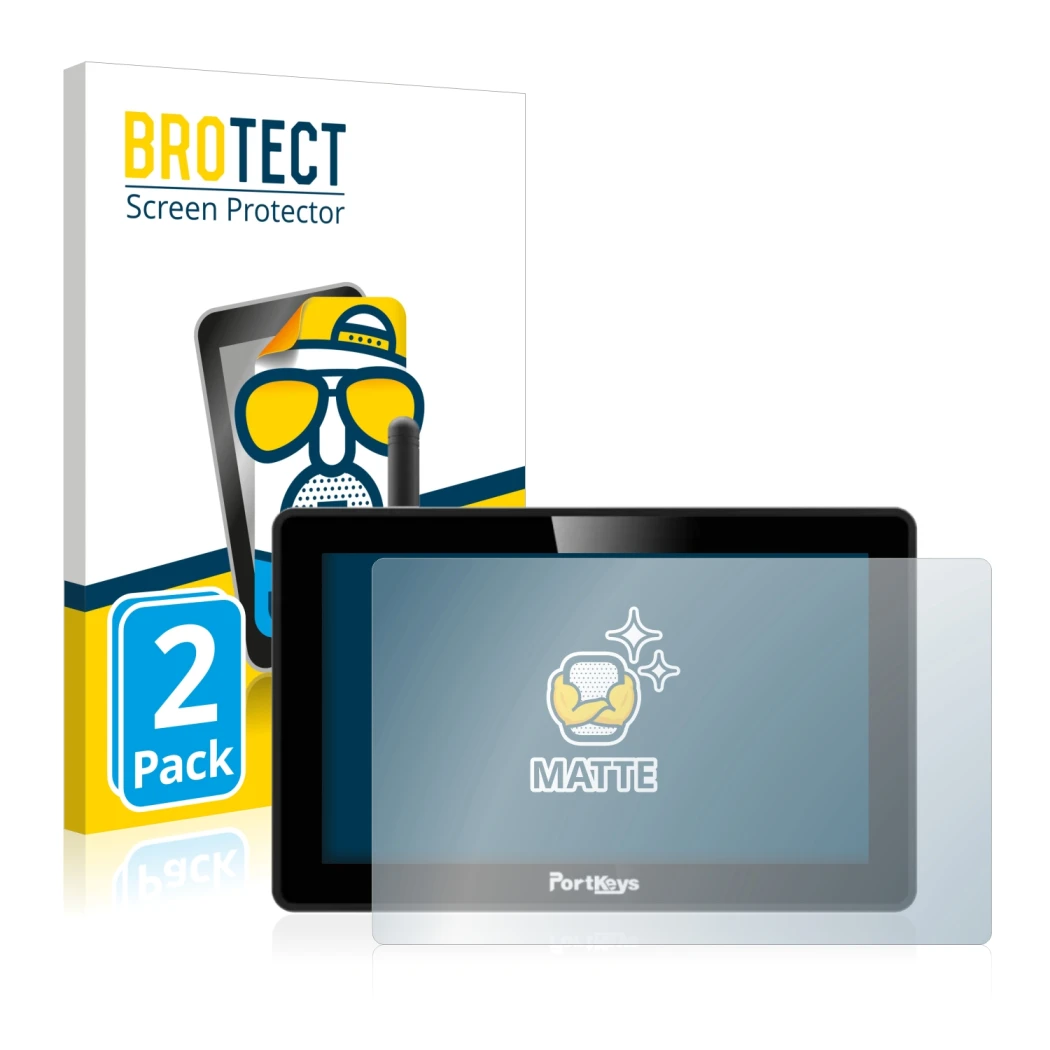 Front side of a product packaging with the brand logo BROTECT. Next to it is the device Portkeys BM5 WR shown with the corresp