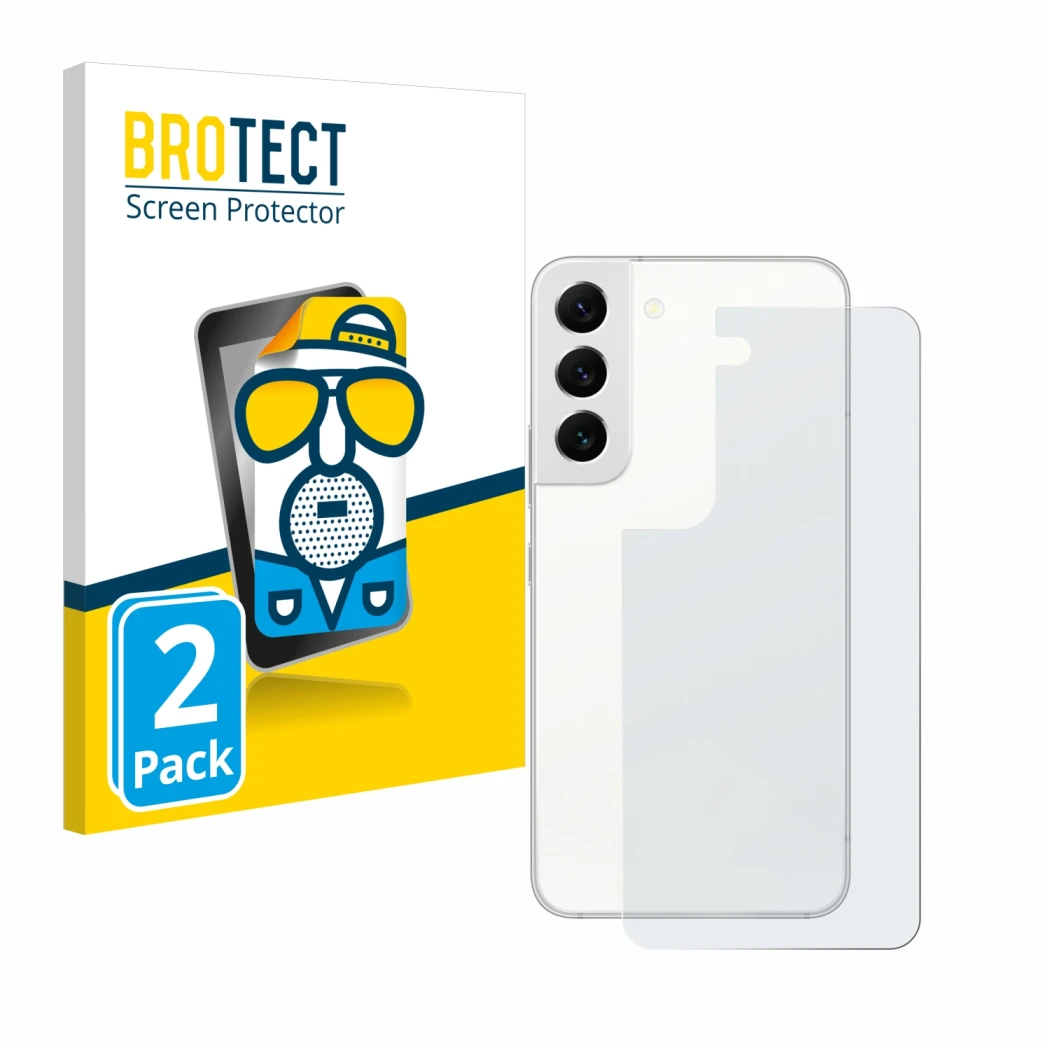 Front side of a product packaging with the brand logo BROTECT. Next to it is the device Samsung Galaxy S22 5G (Back) shown wit
