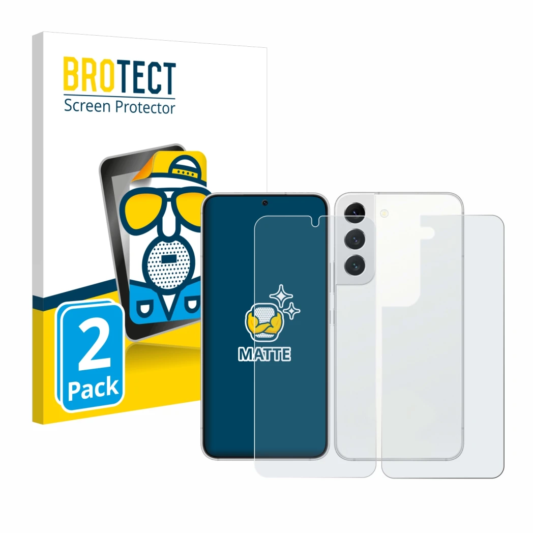 Front side of a product packaging with the brand logo BROTECT. Next to it is the device Samsung Galaxy S22 5G (Front+Back) sho