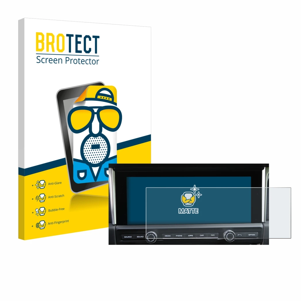 Front side of a product packaging with the brand logo BROTECT. Next to it is the device Porsche Macan 2019 PCM 5.0 shown with 
