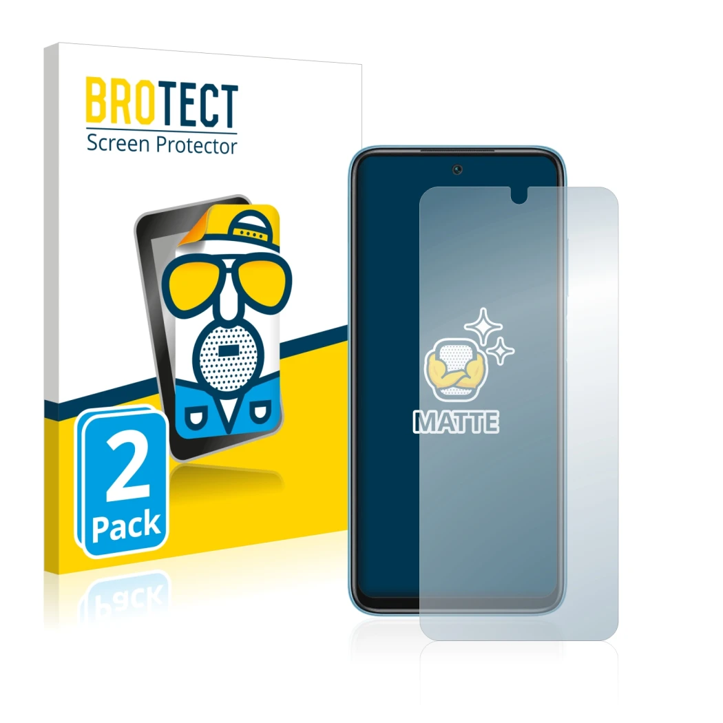 Front side of a product packaging with the brand logo BROTECT. Next to it is the device Xiaomi Redmi 10 (2022) shown with the
