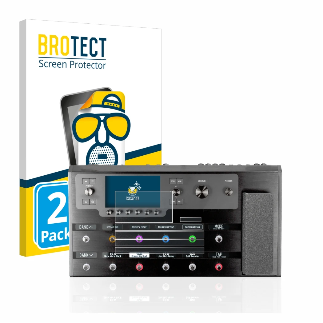 Front side of a product packaging with the brand logo BROTECT. Next to it is the device Line 6 Helix Floor shown with the corr