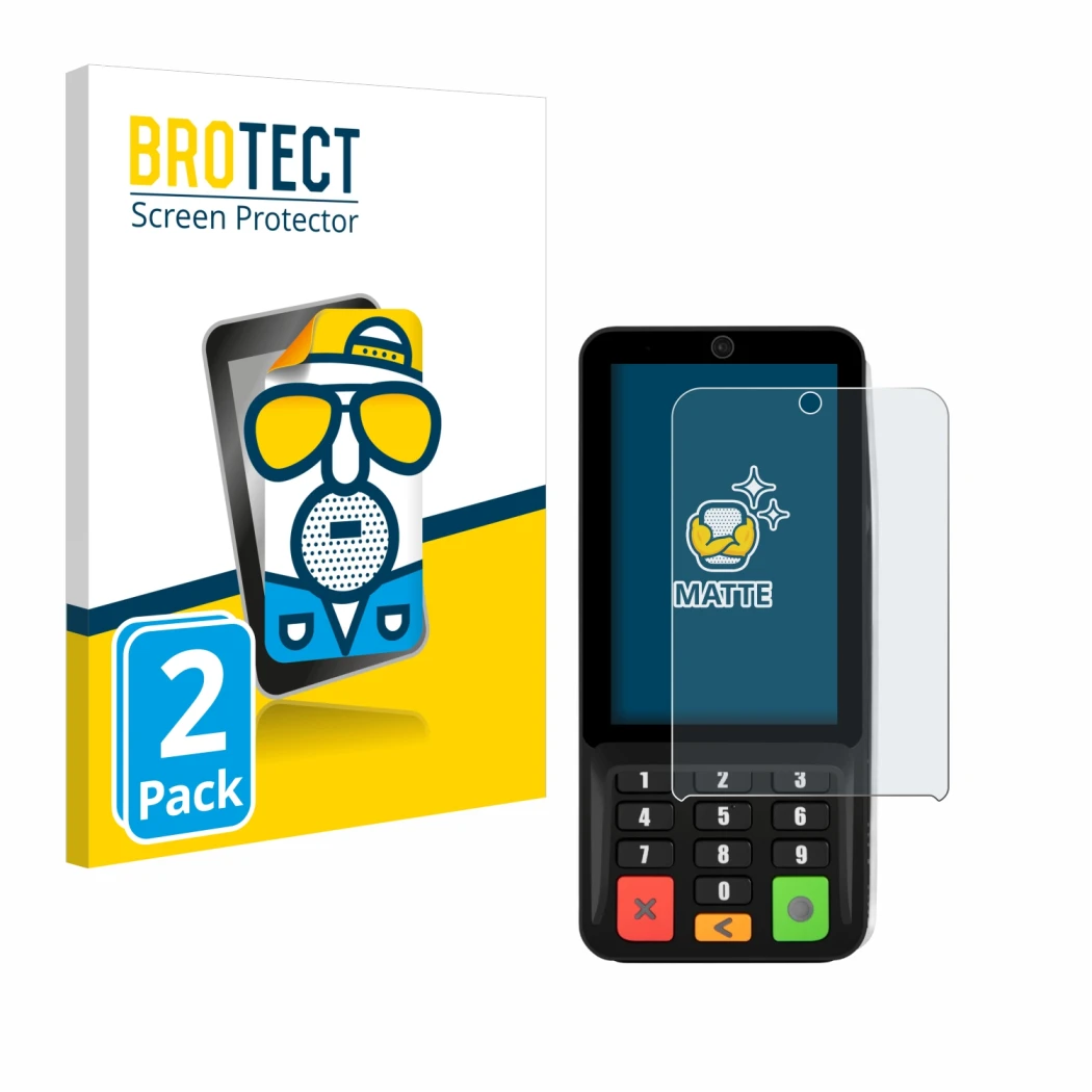 Front side of a product packaging with the brand logo BROTECT. Next to it is the device Pax A35 shown with the corresponding s