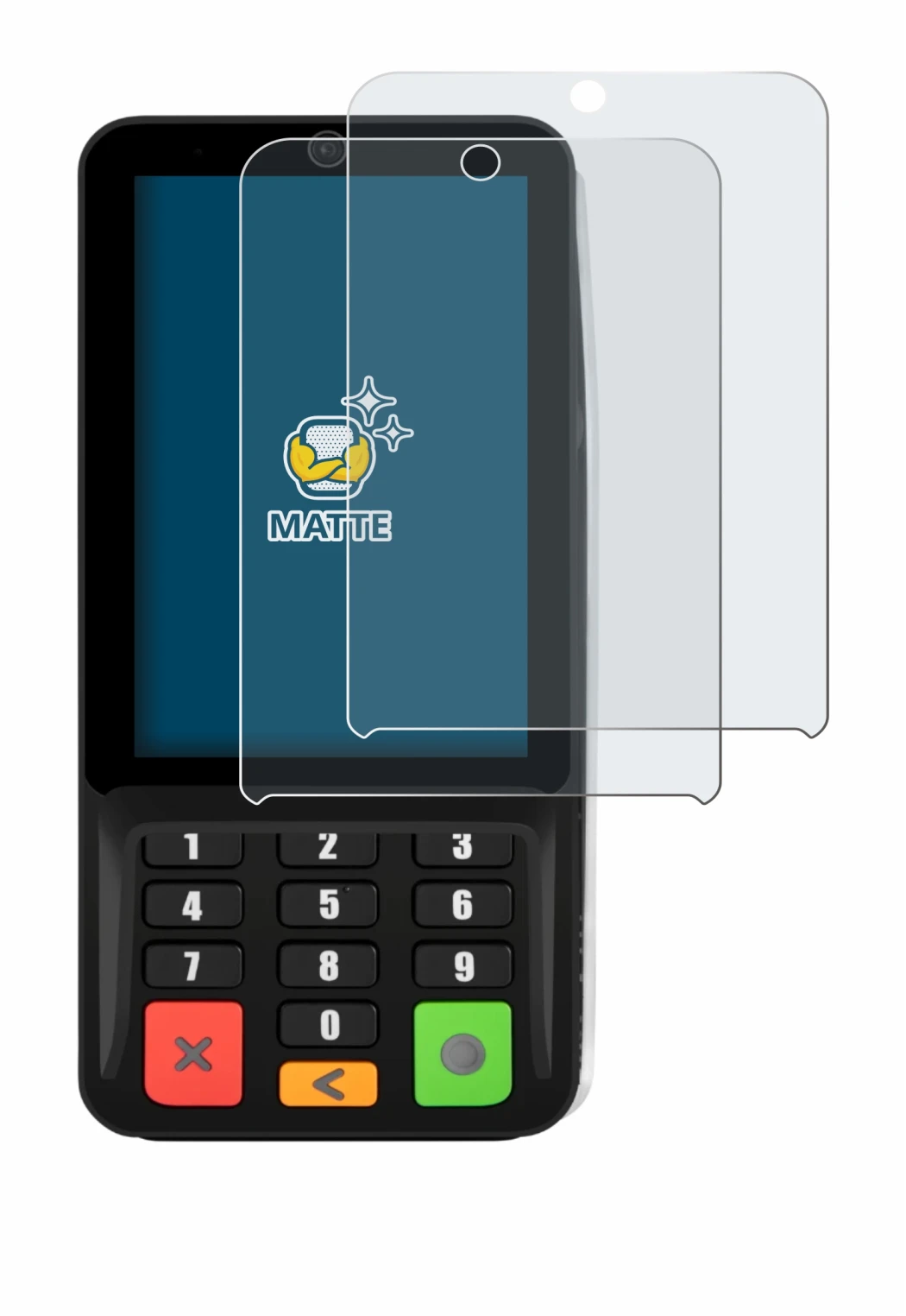 Image of the device Pax A35 with a wide variety of screen protectors.