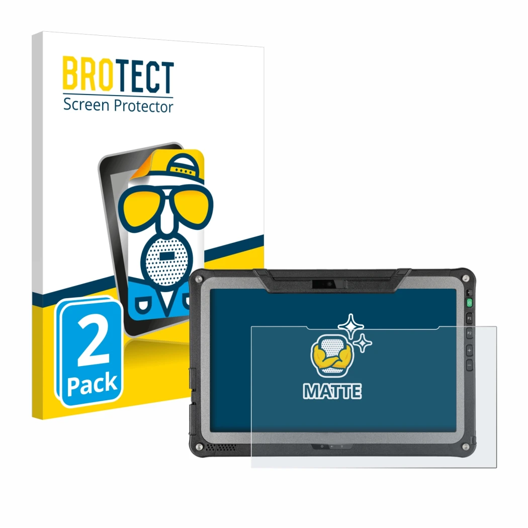 Front side of a product packaging with the brand logo BROTECT. Next to it is the device Getac F110 G6 shown with the correspon