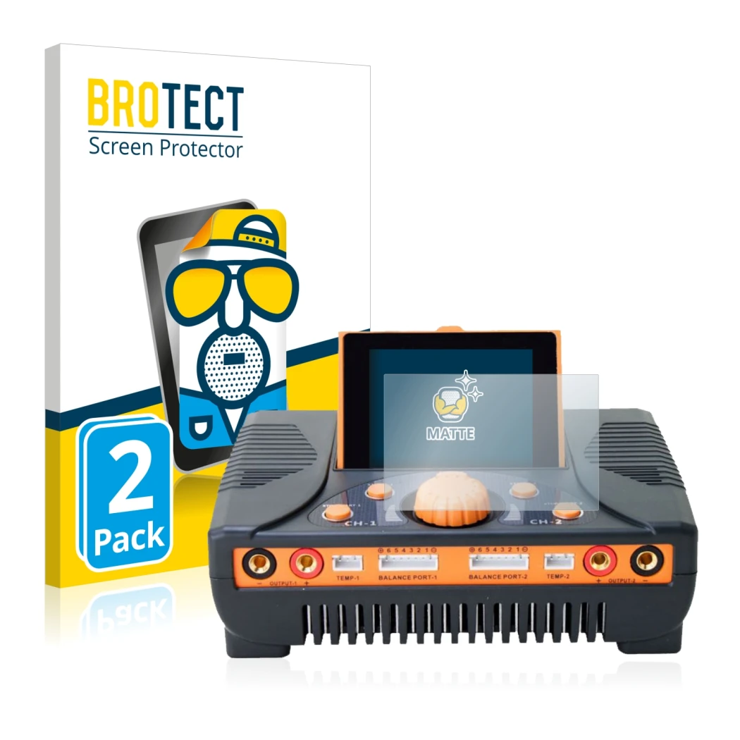 Front side of a product packaging with the brand logo BROTECT. Next to it is the device Junsi iCharger 406 Duo shown with the