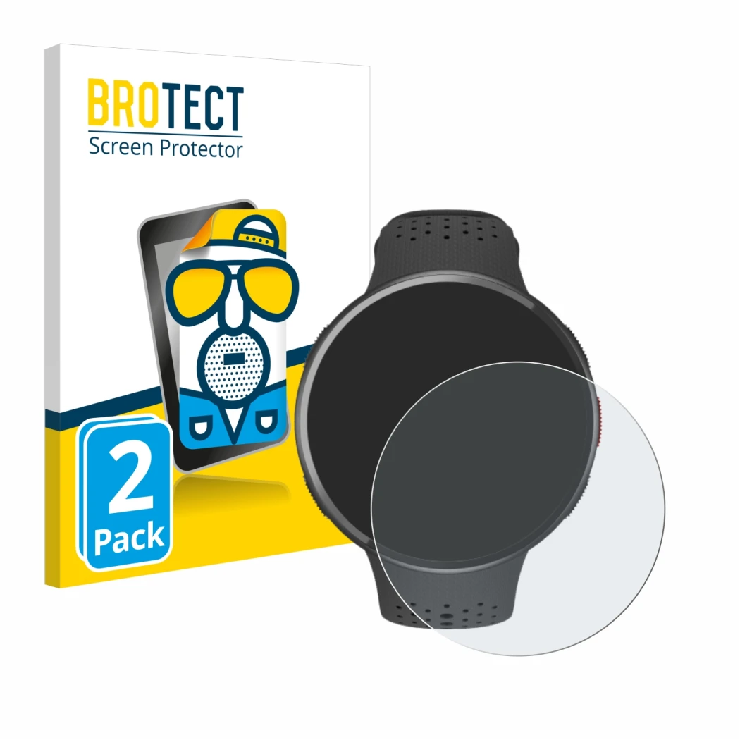 Front side of a product packaging with the brand logo BROTECT. Next to it is the device Polar Pacer Pro shown with the corresp