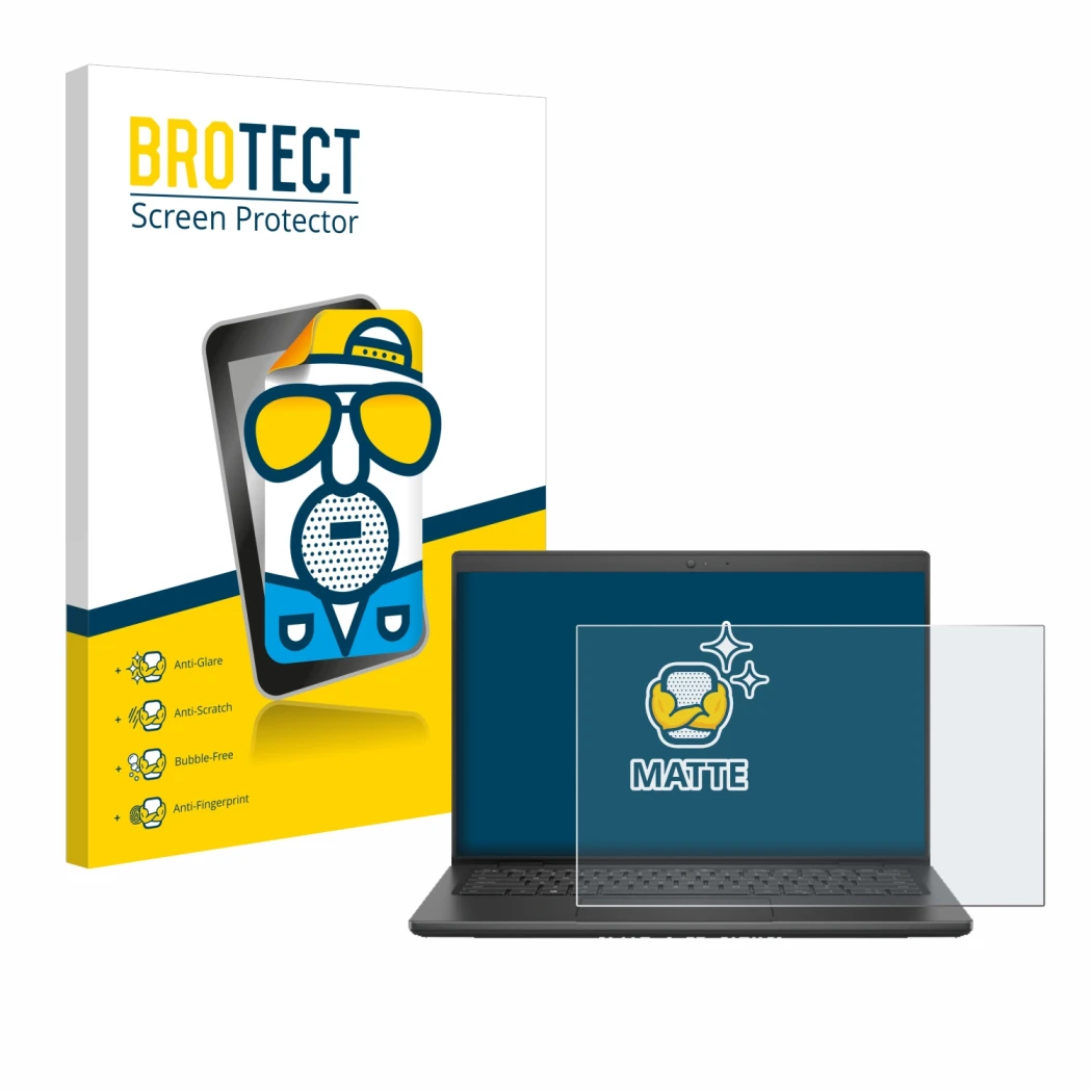 Front side of a product packaging with the brand logo BROTECT. Next to it is the device Dell Latitude 3420 shown with the corr