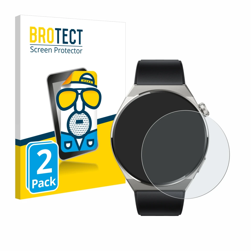 Front side of a product packaging with the brand logo BROTECT. Next to it is the device Huawei Watch GT 3 Pro Titanium (46mm) 