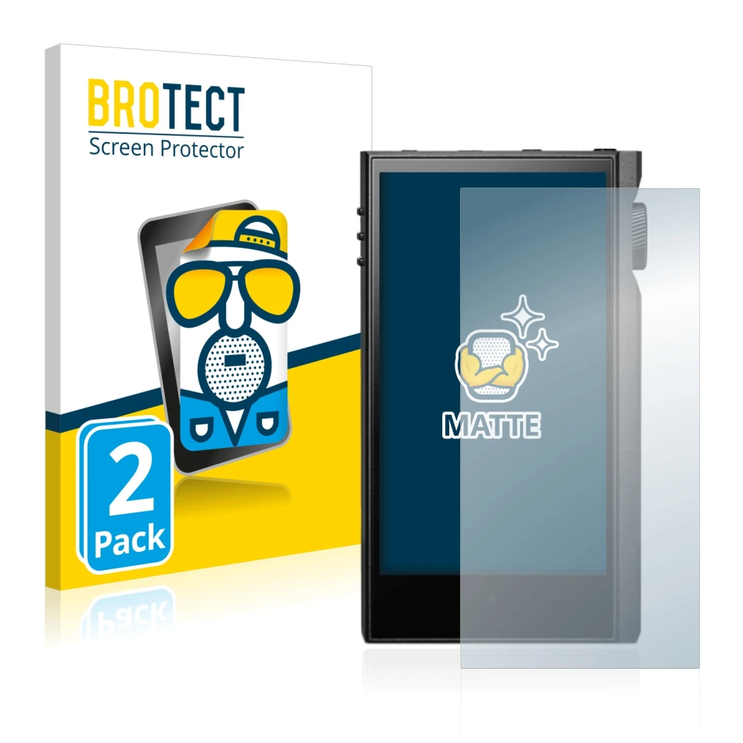 Front side of a product packaging with the brand logo BROTECT. Next to it is the device Astell&Kern Kann Max shown with the co