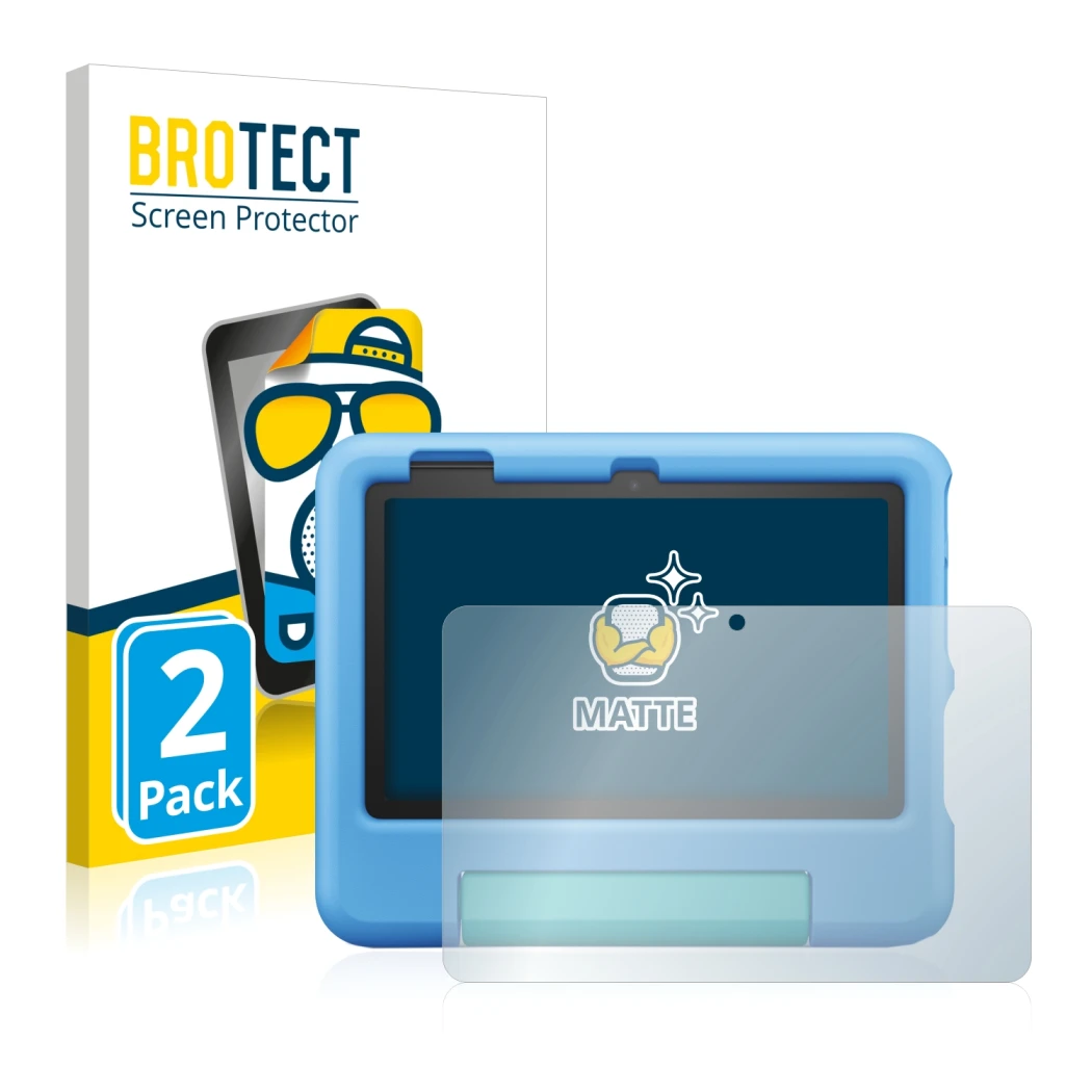 Front side of a product packaging with the brand logo BROTECT. Next to it is the device Amazon Fire 7 Kids 2022 shown with the