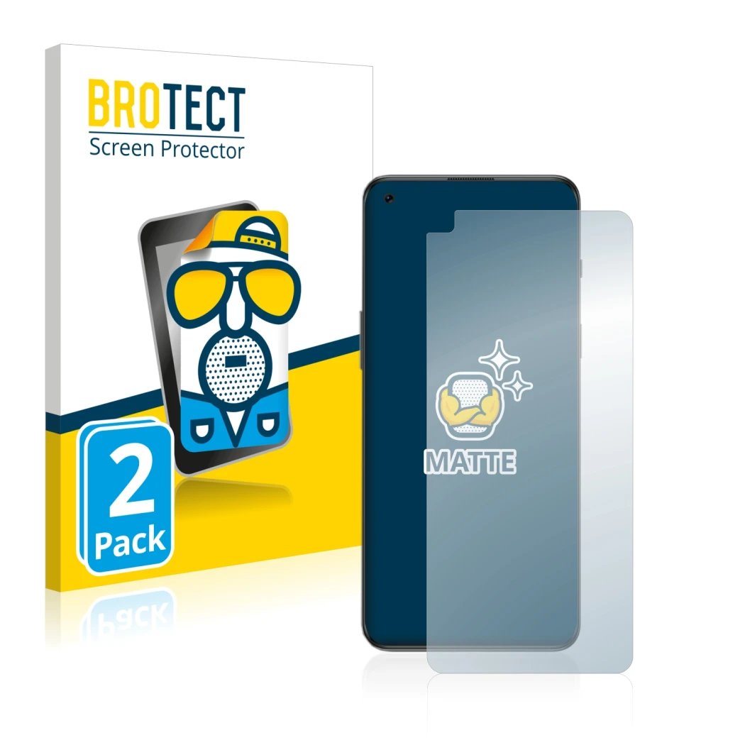 Front side of a product packaging with the brand logo BROTECT. Next to it is the device OnePlus Nord 2T 5G shown with the corr