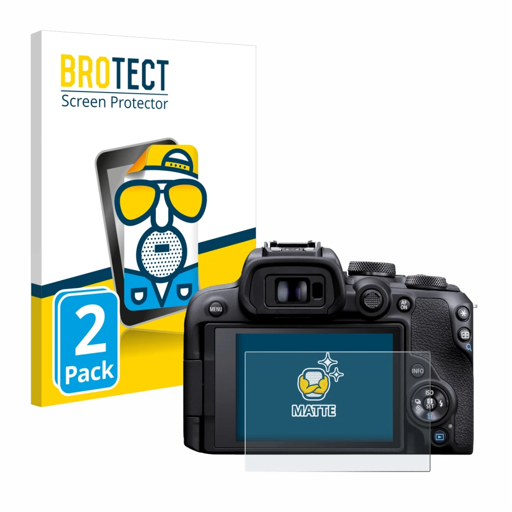 Front side of a product packaging with the brand logo BROTECT. Next to it is the device Canon EOS R10 shown with the correspon