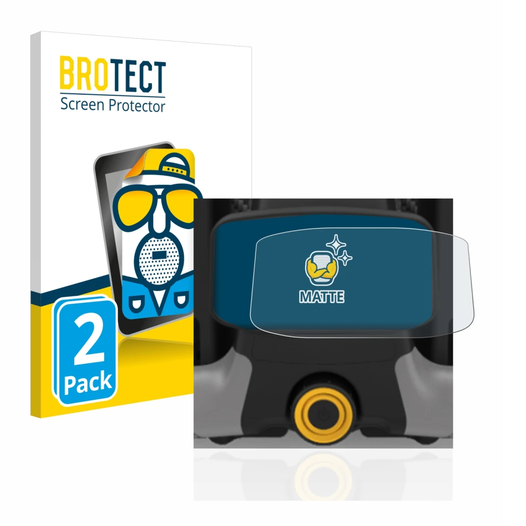 Front side of a product packaging with the brand logo BROTECT. Next to it is the device PowaKaddy CT8 shown with the correspon